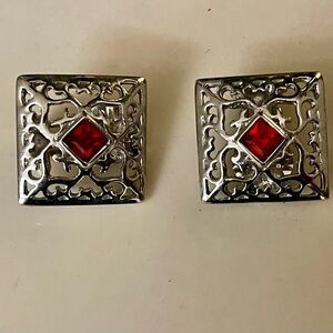 YSL Square Silver Clip On Earrings with Red Faceted Lucite Gem